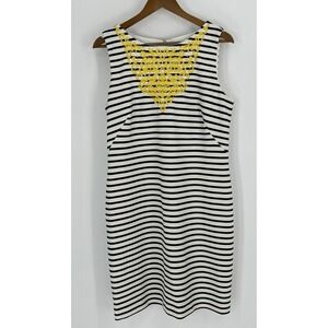 J Howard Dress 14 Black & White Striped Round Neck Sleeveless Embroidered Yellow